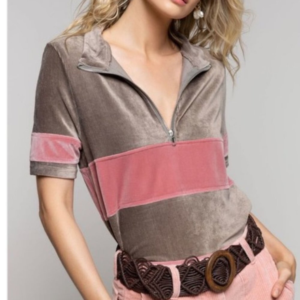 POL Soft Velour Color Block Mauve Half Zip Top